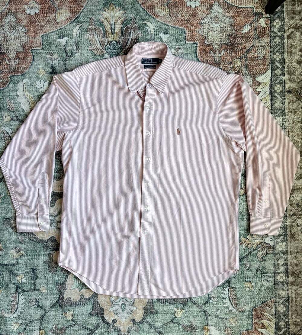Y2K Polo by Ralph Lauren Yarmouth 100% Cotton Oxford Shirt Red White Stripe